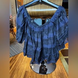 Blue linen cap sleeve off the shoulder top